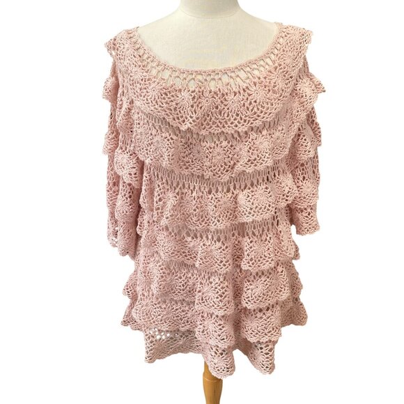 Denim 24/7 Crochet Tiered Sweater Shirt Sz L Pink Cottagecore Fairycore Dainty - Picture 1 of 15